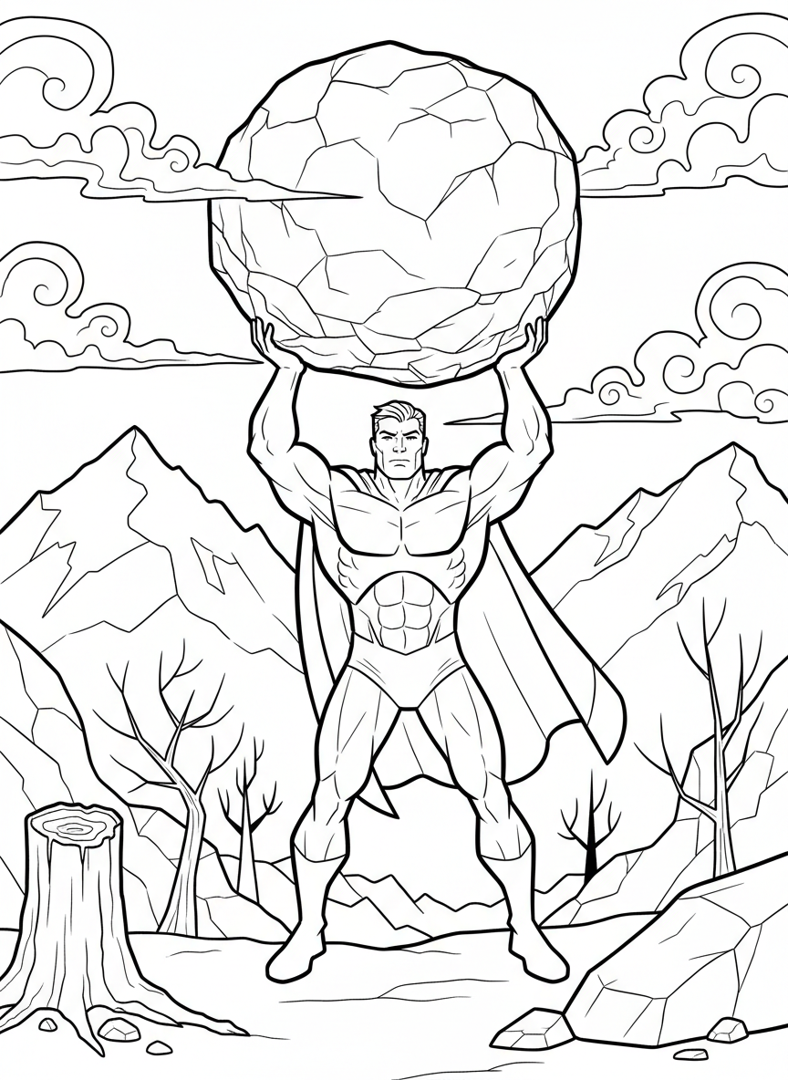 A strong superhero lifting a giant boulder over their head, muscular pose, simple mountain landscape background