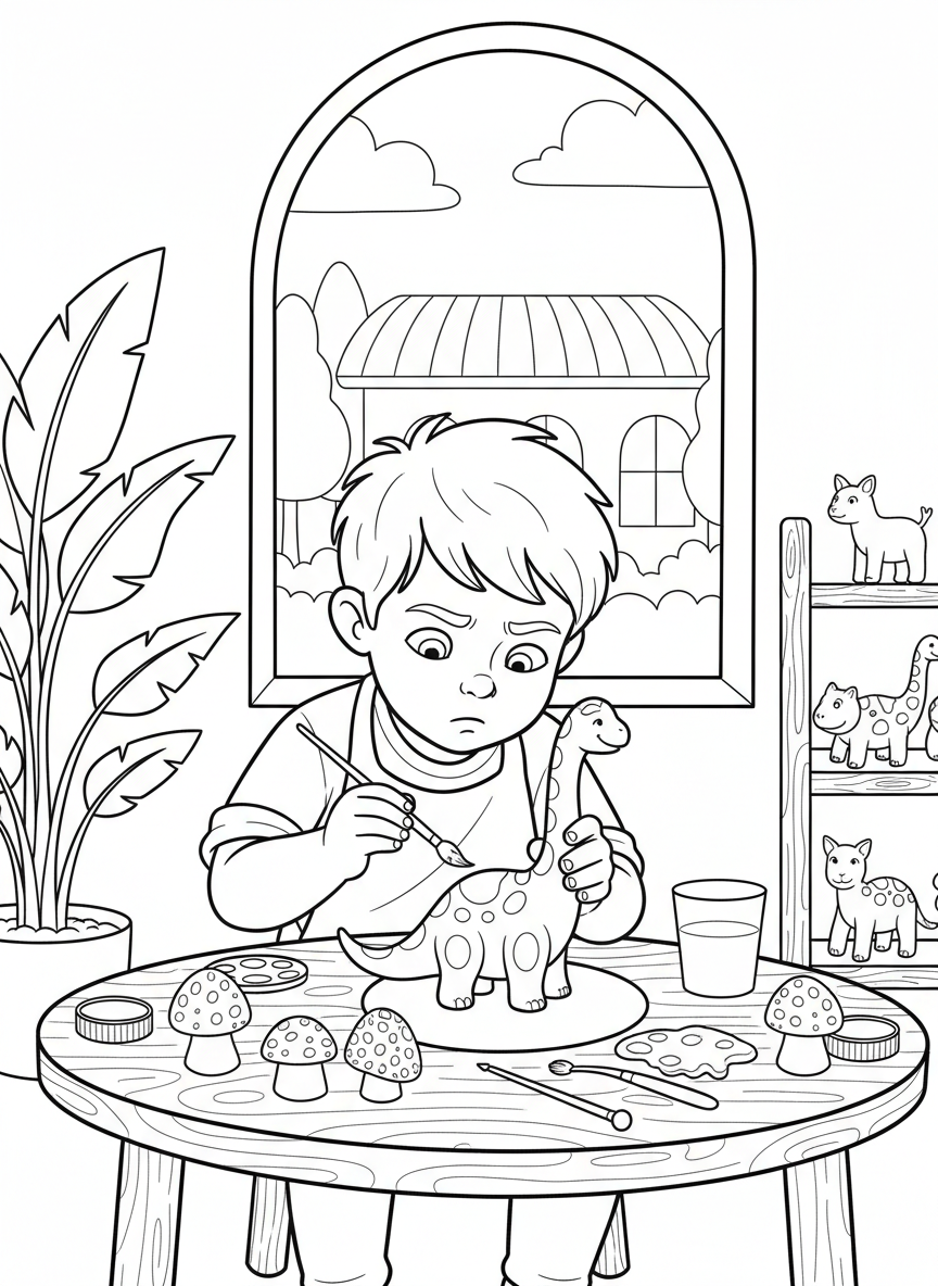 A boy concentrating on painting a ceramic dinosaur figurine, with sponges and dotting tools scattered on the workspace.