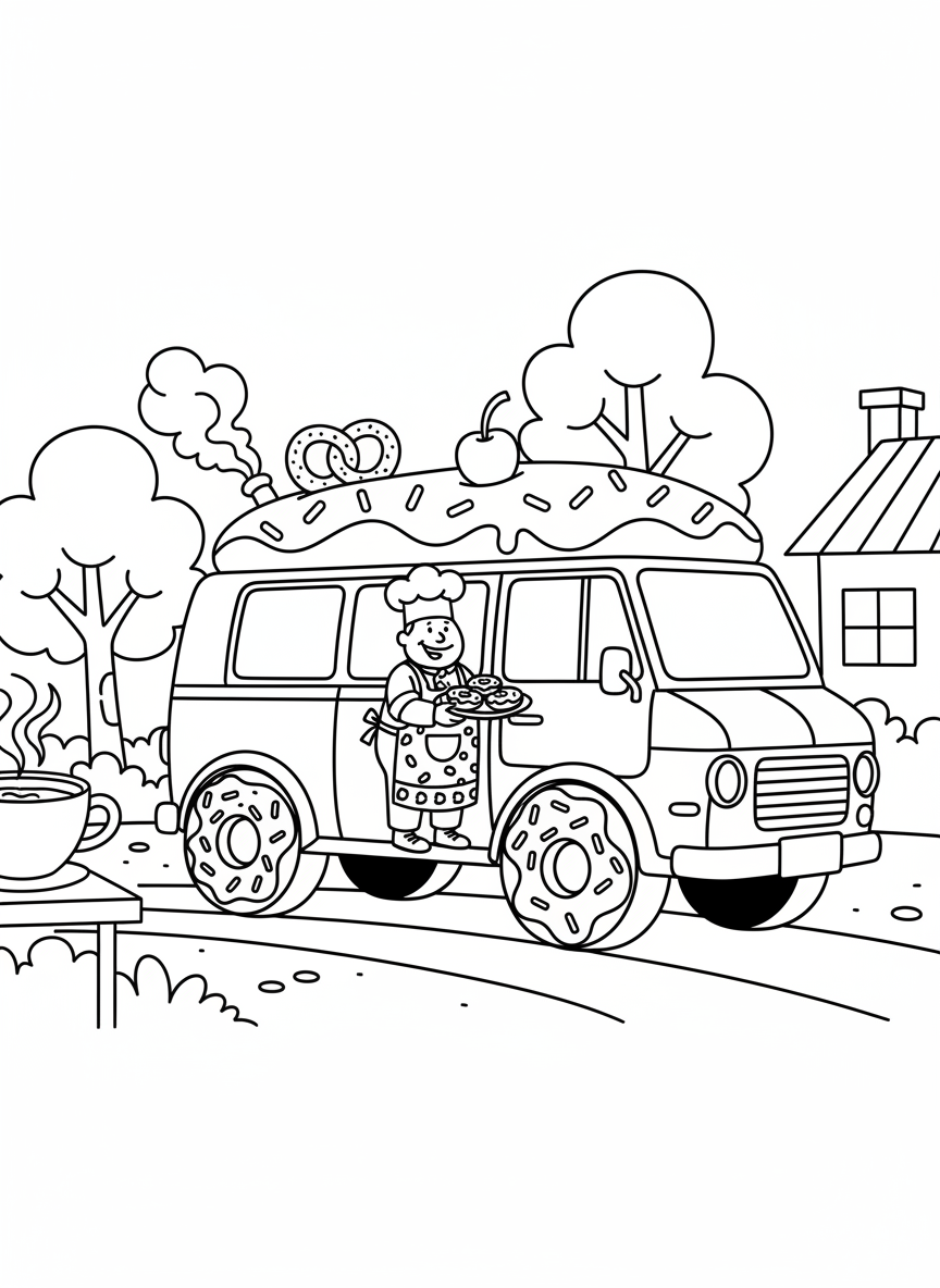 A donut van with oversized donut decorations as wheels, sprinkle patterns all over, and a friendly baker in the window