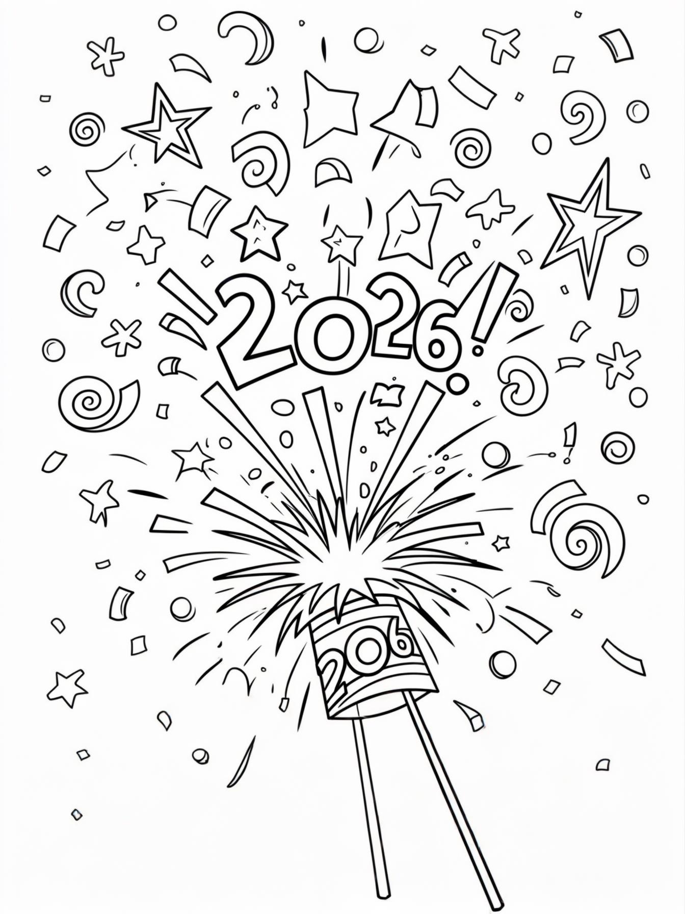 Confetti Explosion: A giant party popper engaging in a "pop!" with oversized confetti pieces (stars, swirls, circles) flying out towards the viewer, and the year "2026" written