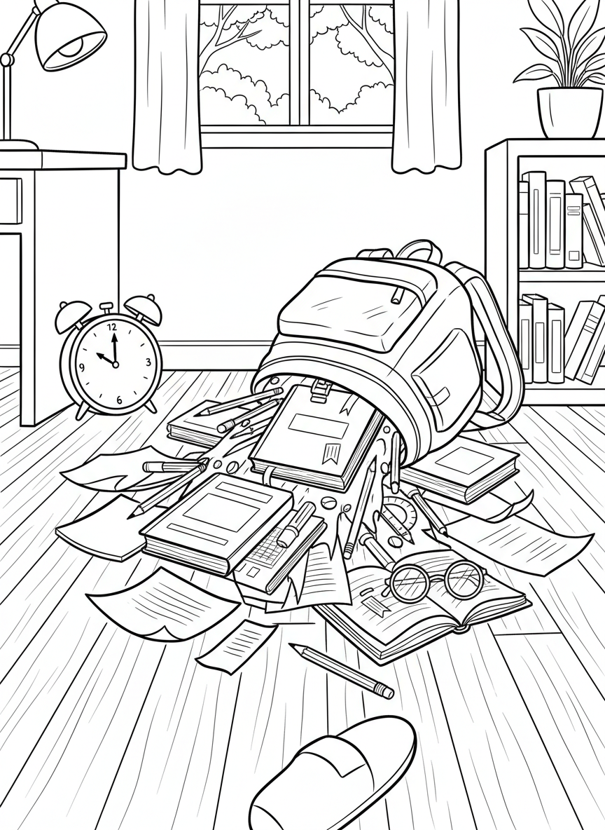 A backpack being emptied out with school supplies, books, and pencils spilling onto the floor at home