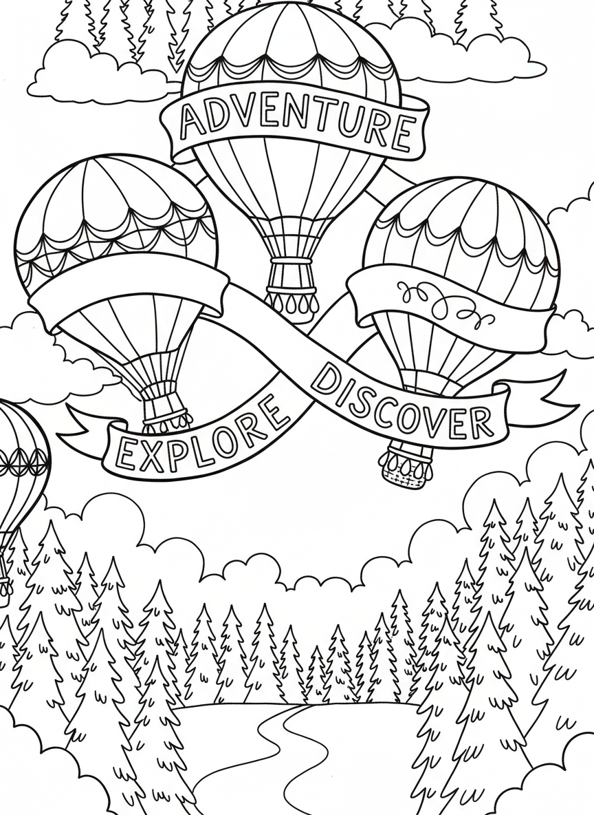 Three hot air balloons connected by banners spelling out words, floating above a forest landscape.