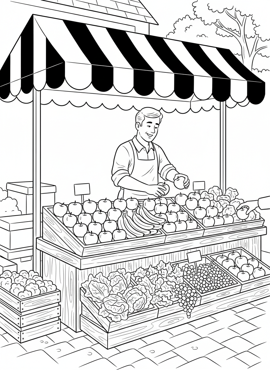A grocery store clerk arranging fresh fruits and vegetables in neat displays at a market stand.