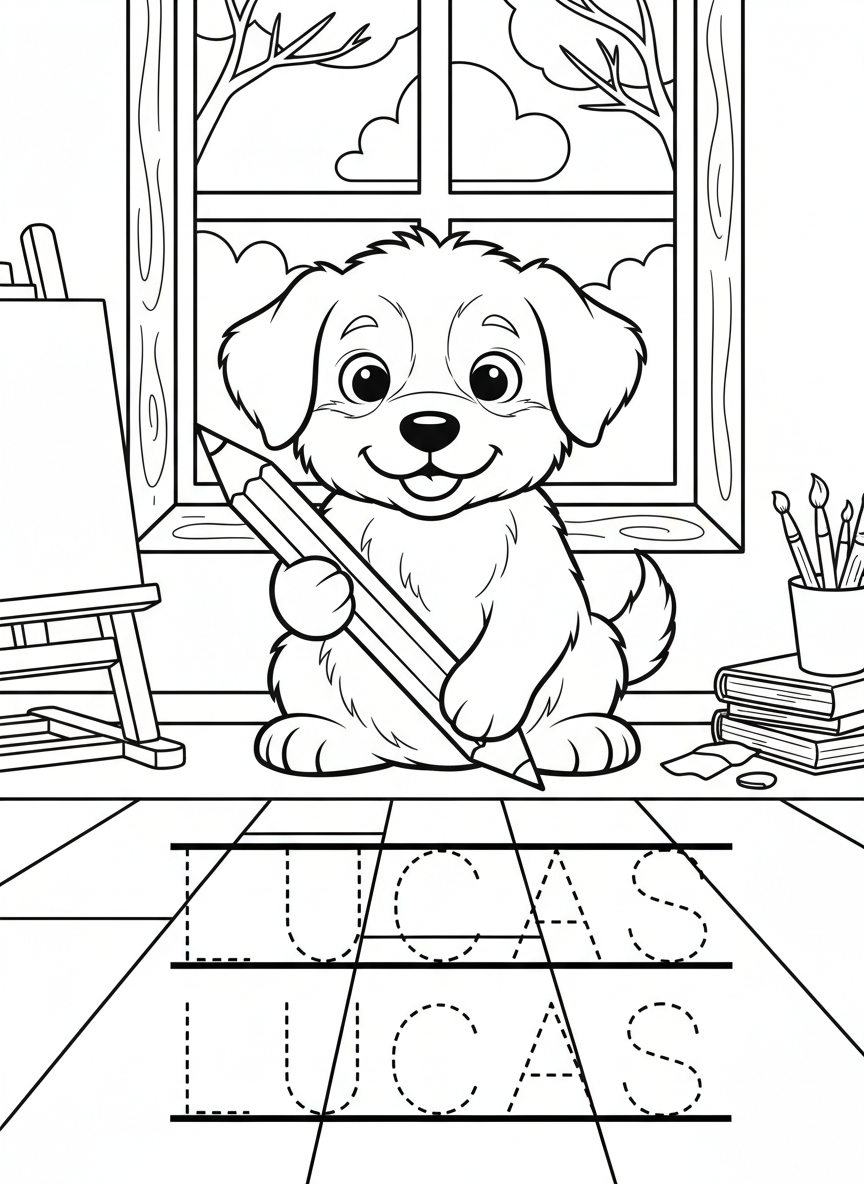 A playful puppy sitting with a pencil, three rows of dashed letter tracing for the name 'LUCAS' below, black and white coloring page