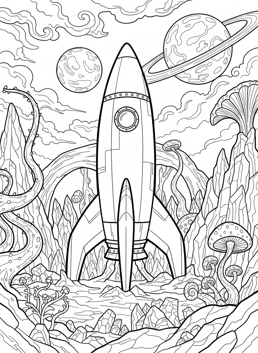 A rocket ship parked on an alien planet with strange rock formations, unusual plants, and two moons in the sky