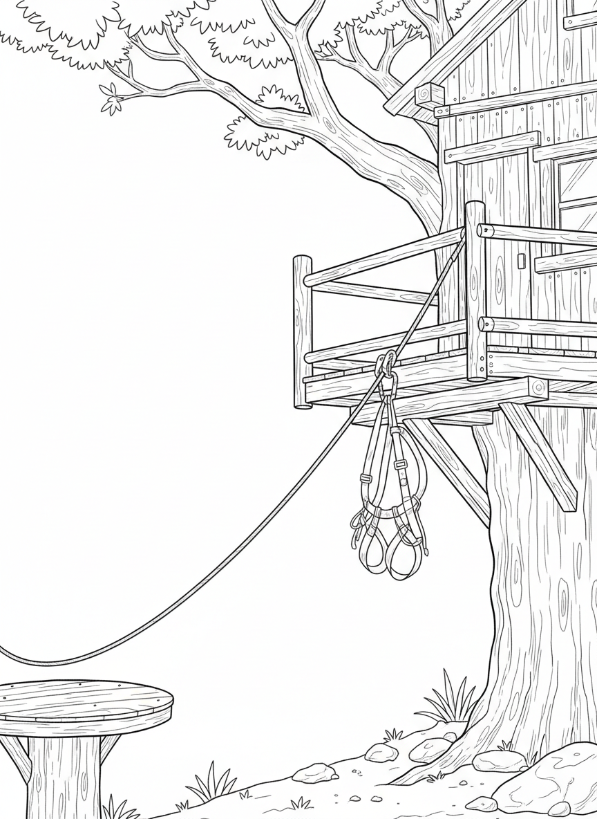 A treehouse with a zip line launching platform, safety harness hanging ready, and a landing spot visible in the distance.