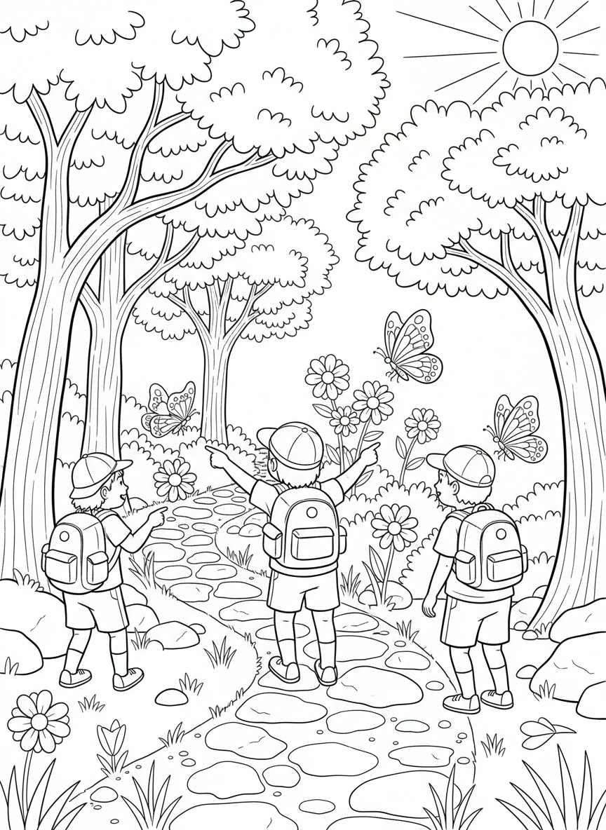 Children hiking on a winding trail through tall trees, wearing backpacks and pointing at butterflies and flowers.