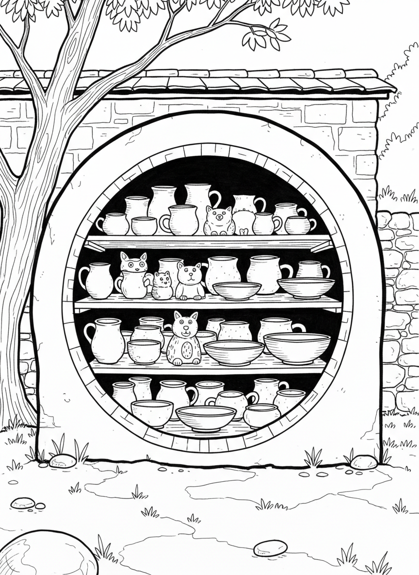 A pottery kiln with shelves inside showing various clay creations like cups, figurines, and small bowls ready for firing.