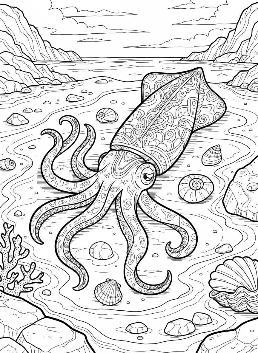 A squid changing colors with pattern details on its body, floating above a sandy tide pool floor with shells