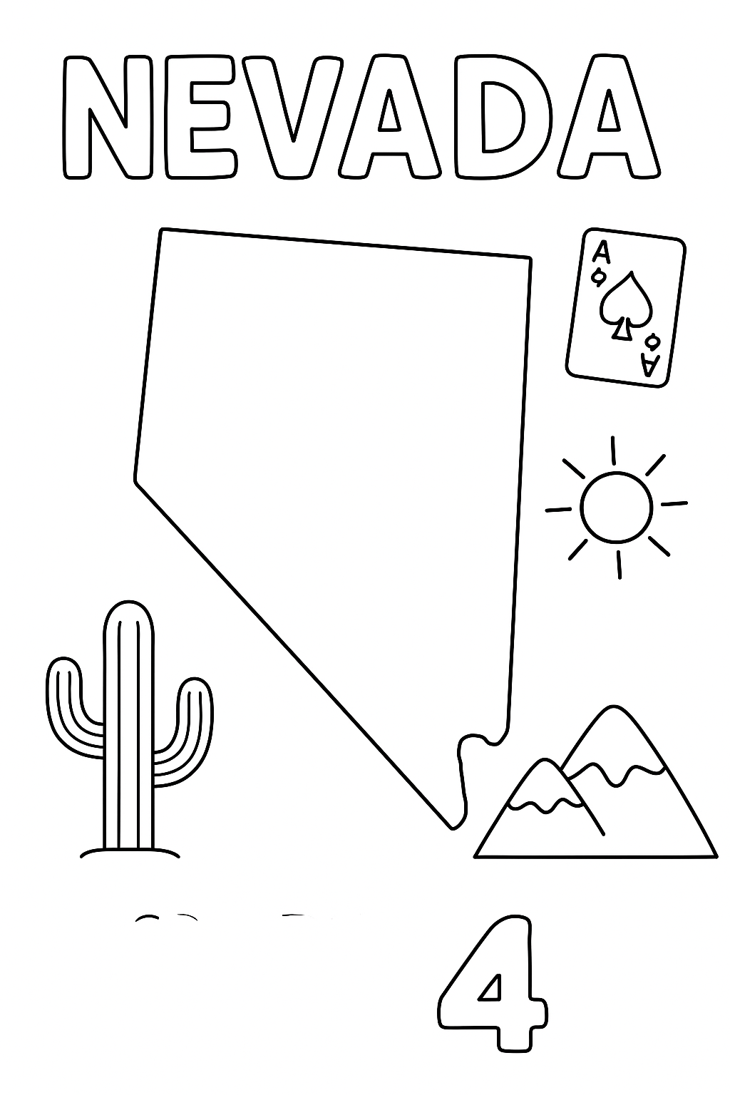 Write “Nevada” once at the top in outlined letters. Create a big, centered outline of the state. Add one cactus, one card, one sun, and one mountain icon in corners.