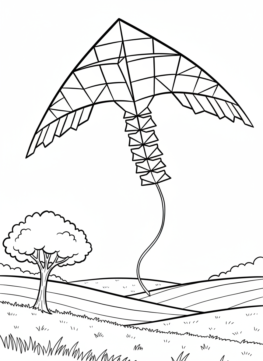 A rainbow-colored box kite with geometric panels flying in an open field, with a single tree and rolling hills in the background.