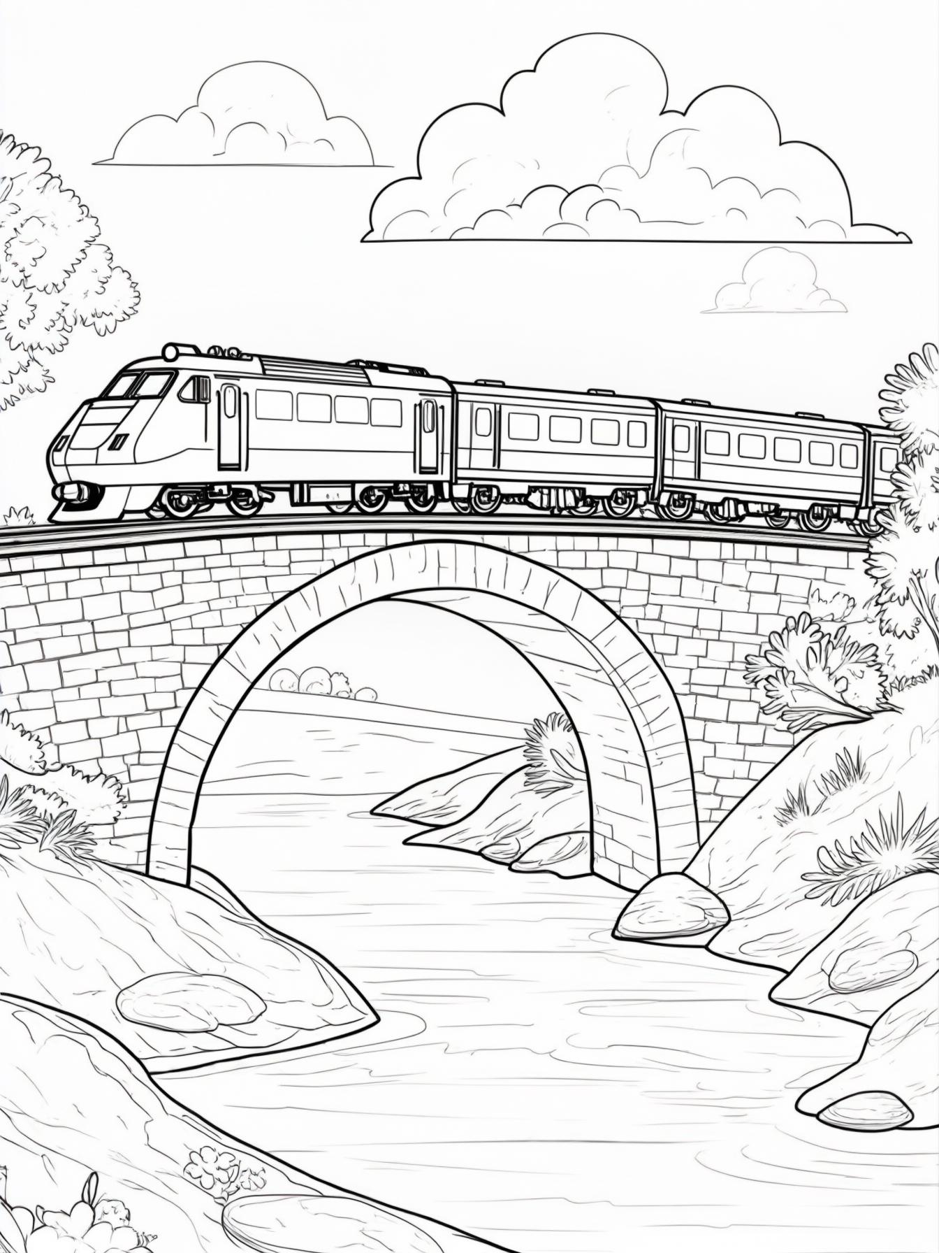 Train Crossing the Bridge: A long, winding train crossing a simple stone bridge over a river, with fluffy clouds in the background.