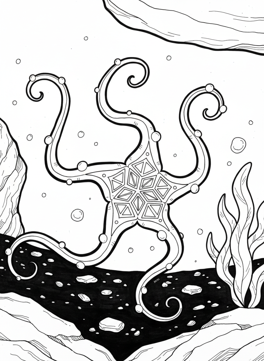 A glowing brittle star with five long wavy arms spread across the dark ocean floor, surrounded by small pebbles and shell fragments.