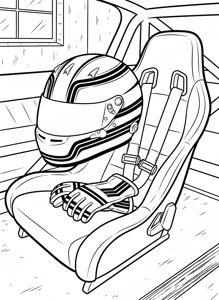 A race car helmet and gloves resting on a driver's seat, close-up detail view with racing stripes.
