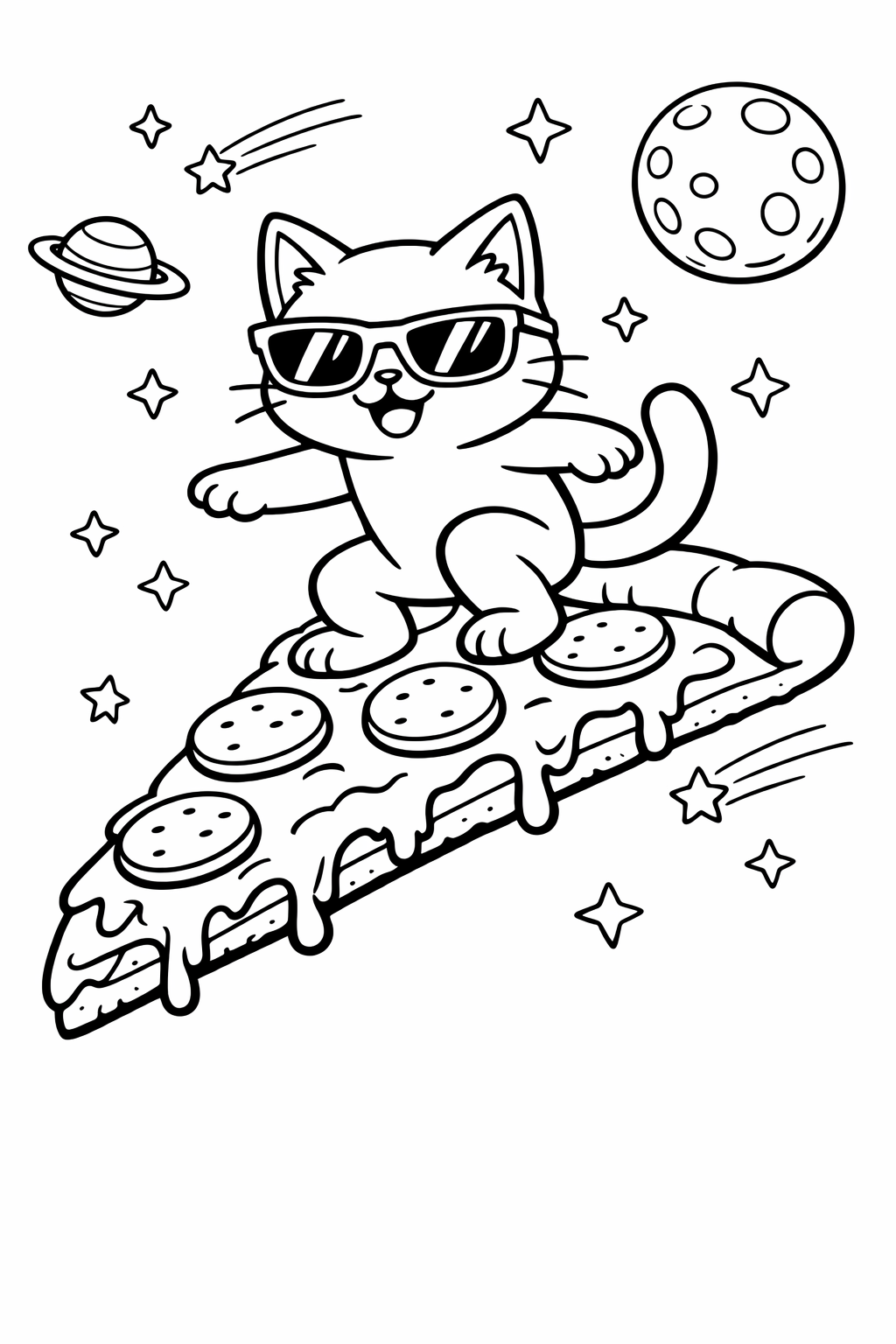 Pizza Cat: A cat wearing sunglasses surfing on a giant slice of pepperoni pizza in space (very popular meme style).