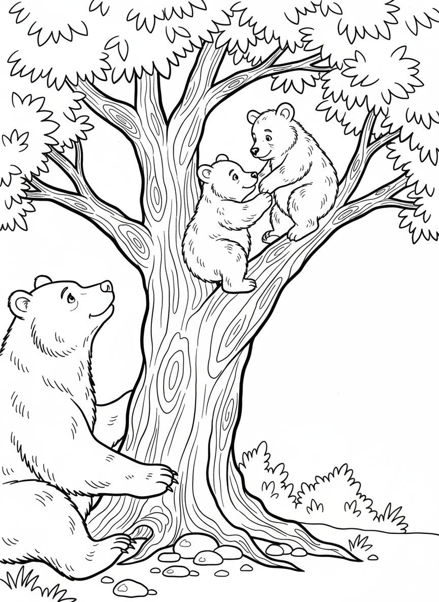 Two playful bear cubs climbing a large tree while their mother watches from below.