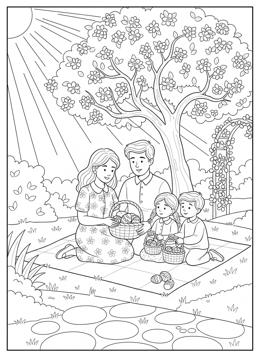Easter Sunday Morning coloring page prompts capturing calm beginnings, family traditions, and fresh spring light.	Parents and children sharing a quiet moment together before festivities start.