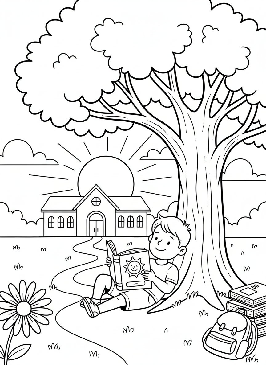 A child relaxing under a tree reading a fun book, school building visible in the distance, peaceful transition to summer