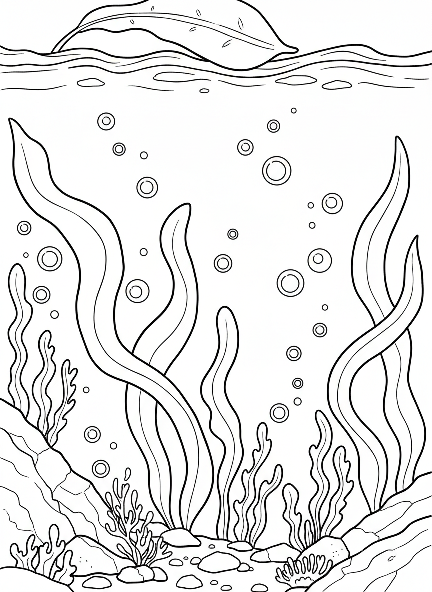 Strands of kelp and seaweed floating in a tide pool, with air bubbles and simple underwater plant life.