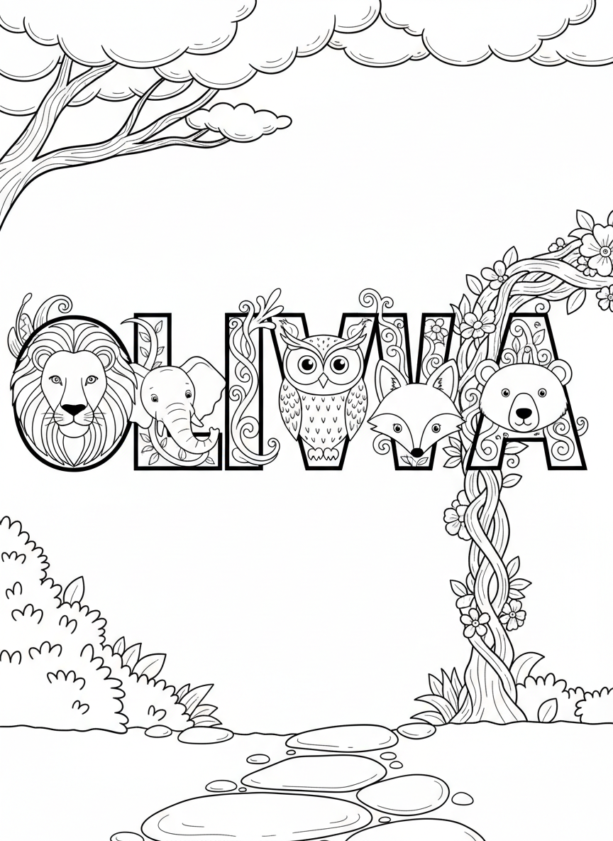 The name OLIVIA in decorative letters with each letter containing a different animal face inside, simple coloring page