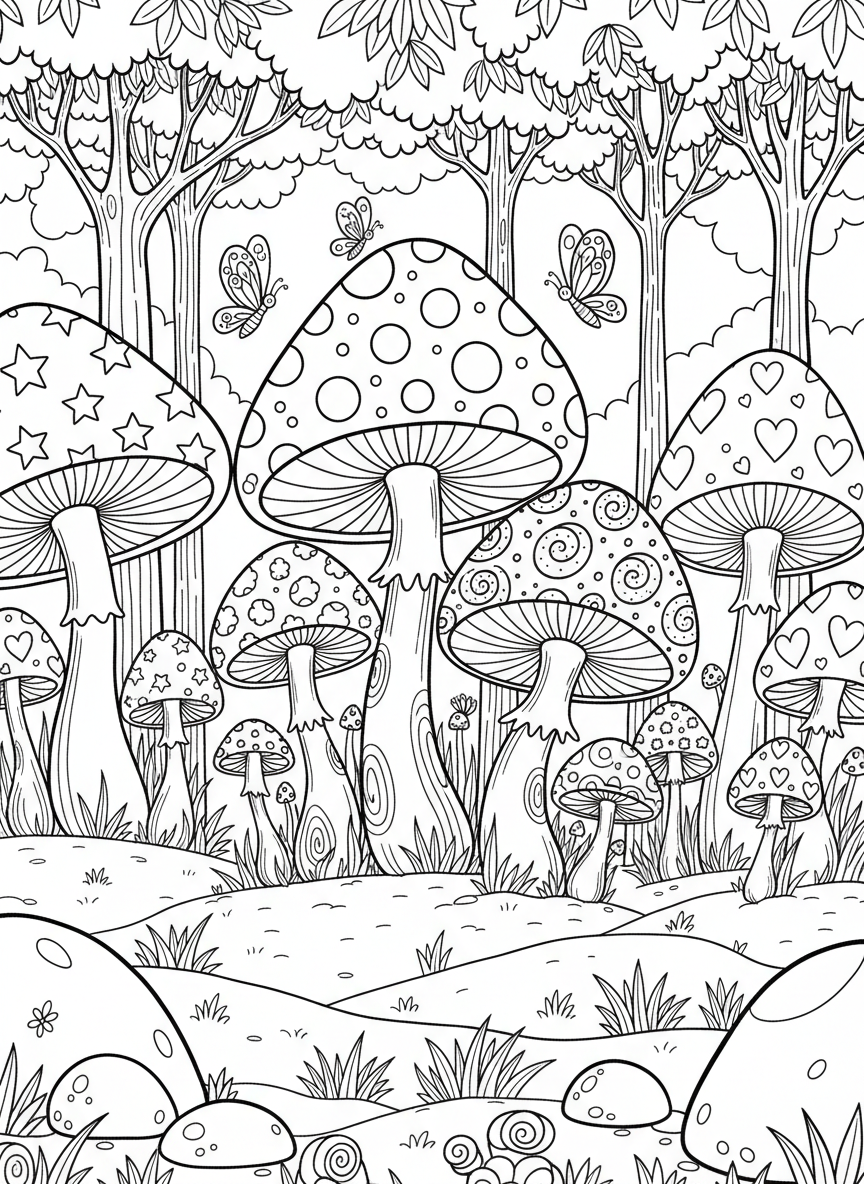 A whimsical scene of mushrooms with different patterns including dots, stars, and hearts on their caps, playful and fun design.
