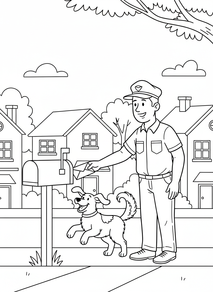 A friendly mail carrier delivering letters to a mailbox while a happy dog wags its tail nearby, simple neighborhood street scene with houses in background.