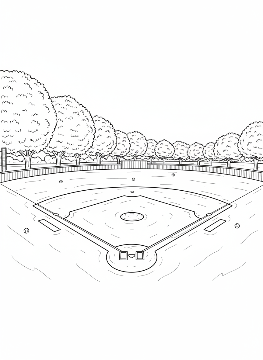 Spring trees with blossoms surrounding a baseball field, wide landscape view showing the diamond, bases, and outfield with seasonal details.