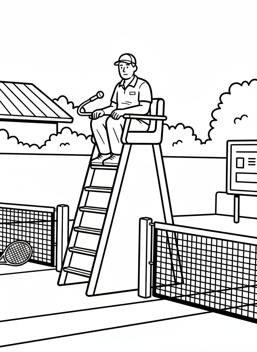The umpire sitting in the tall chair overlooking the court, with ladder and microphone clearly drawn.