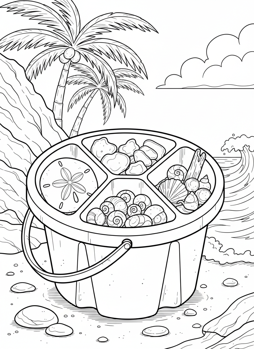 A sturdy exploration bucket with compartments, each holding different tide pool treasures like sand dollars, sea glass, and tiny shells.