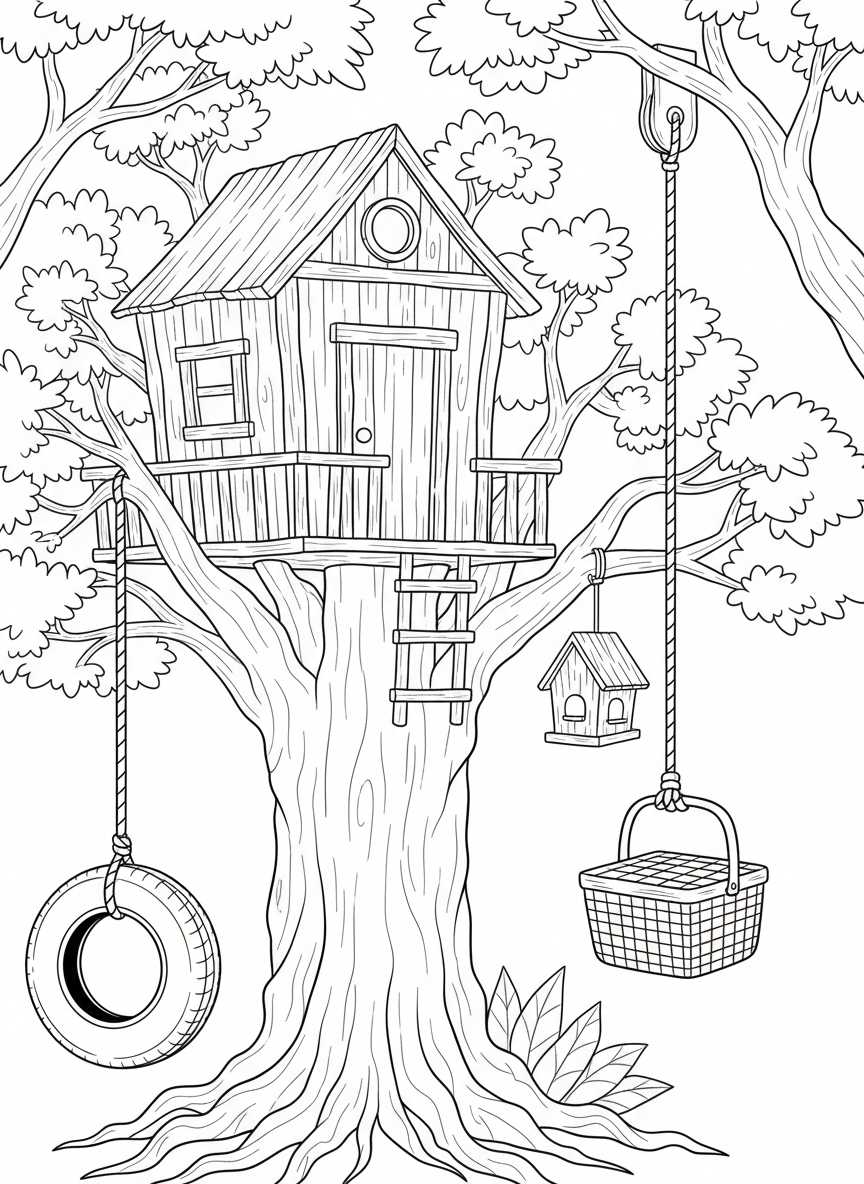 Backyard treehouse with a tire swing, a bird feeder nearby, and a picnic basket being pulled up by rope, surrounded by leafy branches.