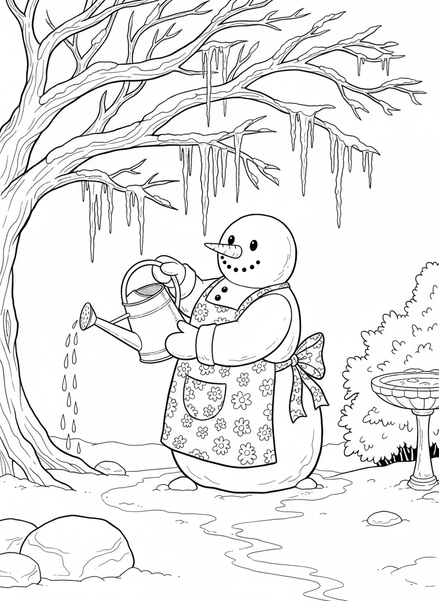 A snowman gardener watering icicles growing from tree branches, holding a watering can and wearing a gardening apron over its snowy body.