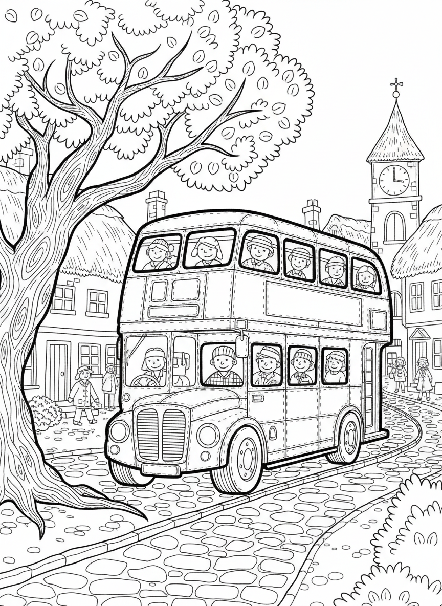 A charming hand-stitched style double-decker bus with passengers in windows, driving through a village square, folk art coloring page