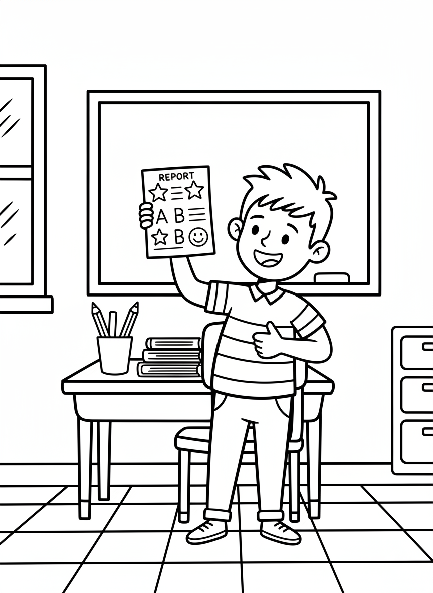 A smiling student holding up a report card with stars and good grades, standing proudly in front of a classroom desk
