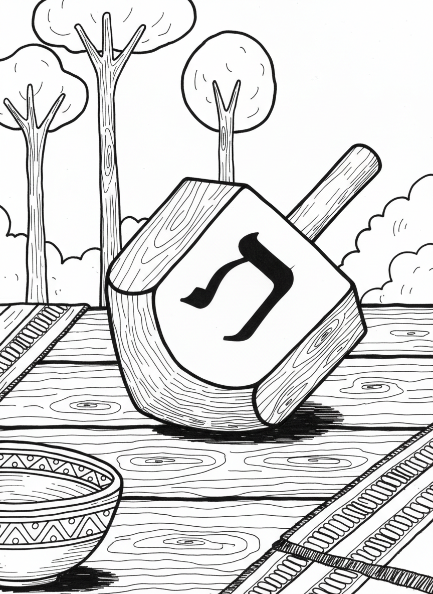 A wooden dreidel lying on its side showing the Hebrew letter nun, with simple shading lines indicating the wood grain texture.