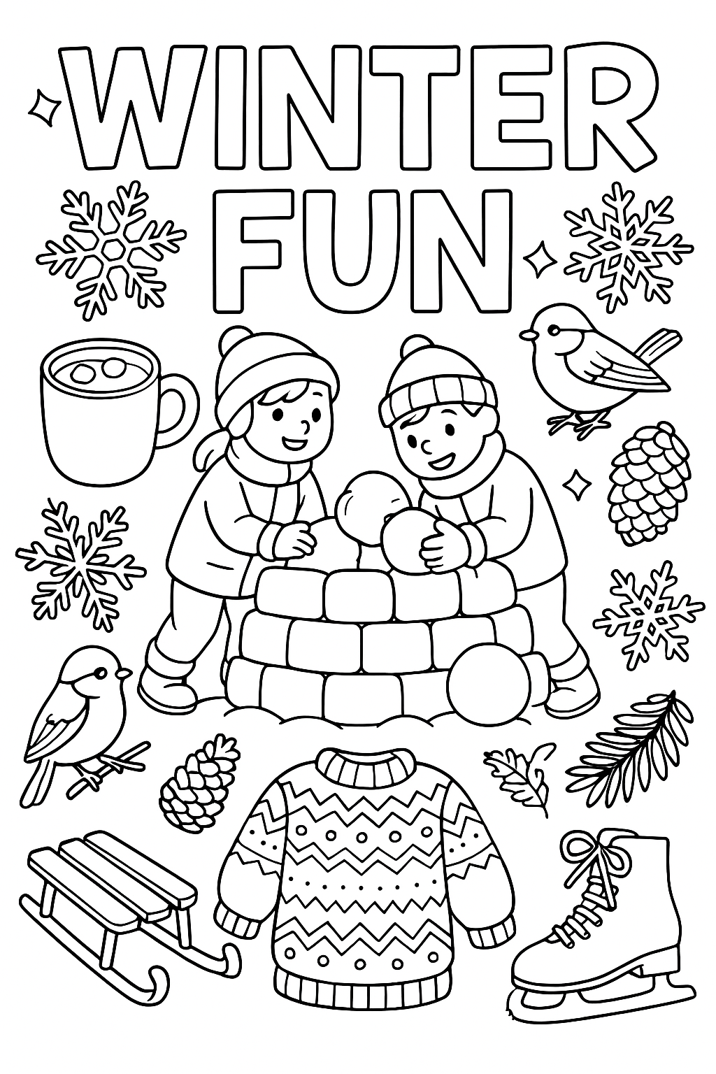 Winter fun coloring: kids building snowfort, ice crystals, hot chocolate, winter birds, pine cones, sleds, ice skates, cozy sweater patterns, thick outlines, non-religious seasonal designs for all