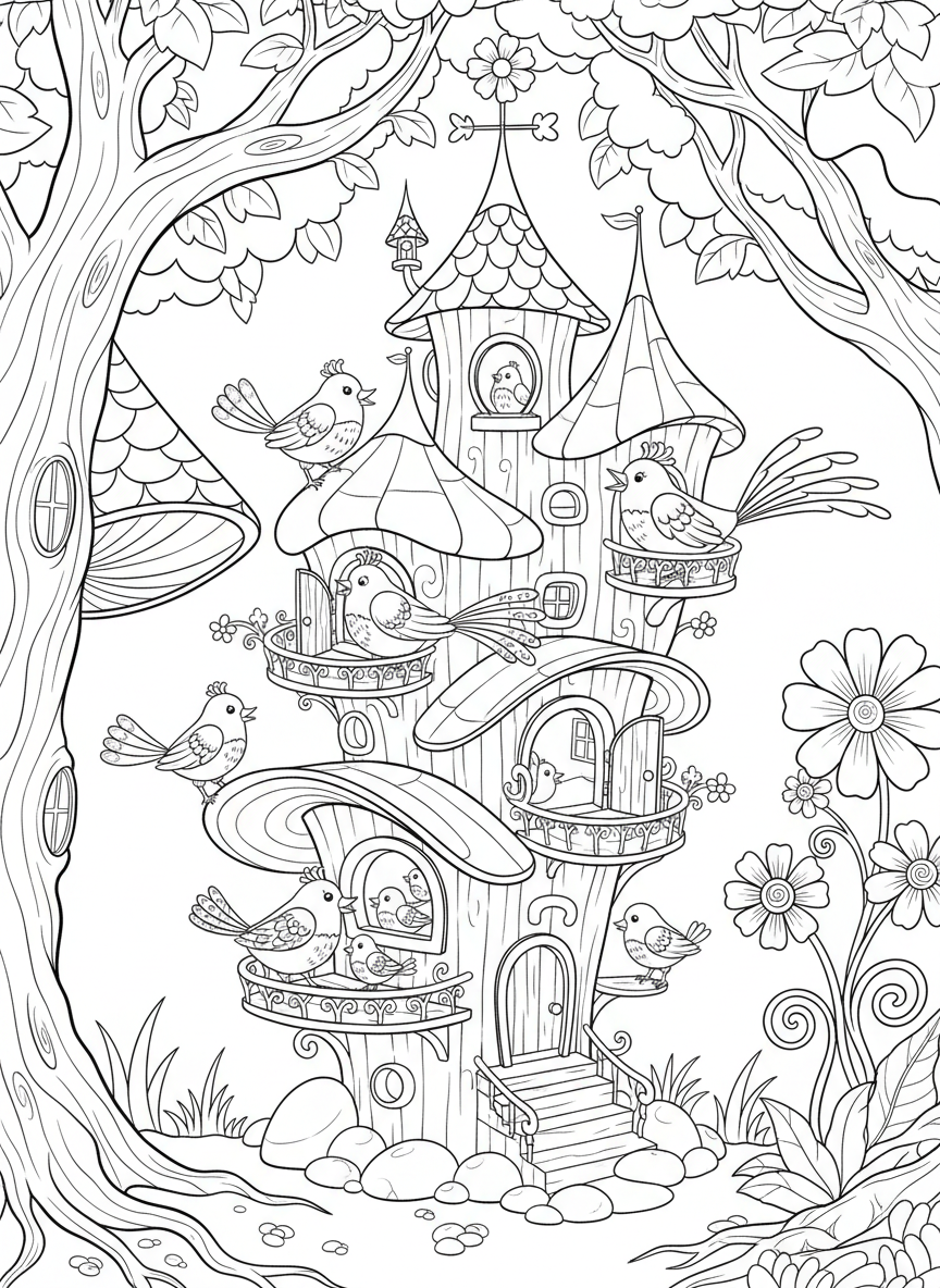 A whimsical fairy-tale birdhouse with multiple levels, balconies, and several birds living in different rooms