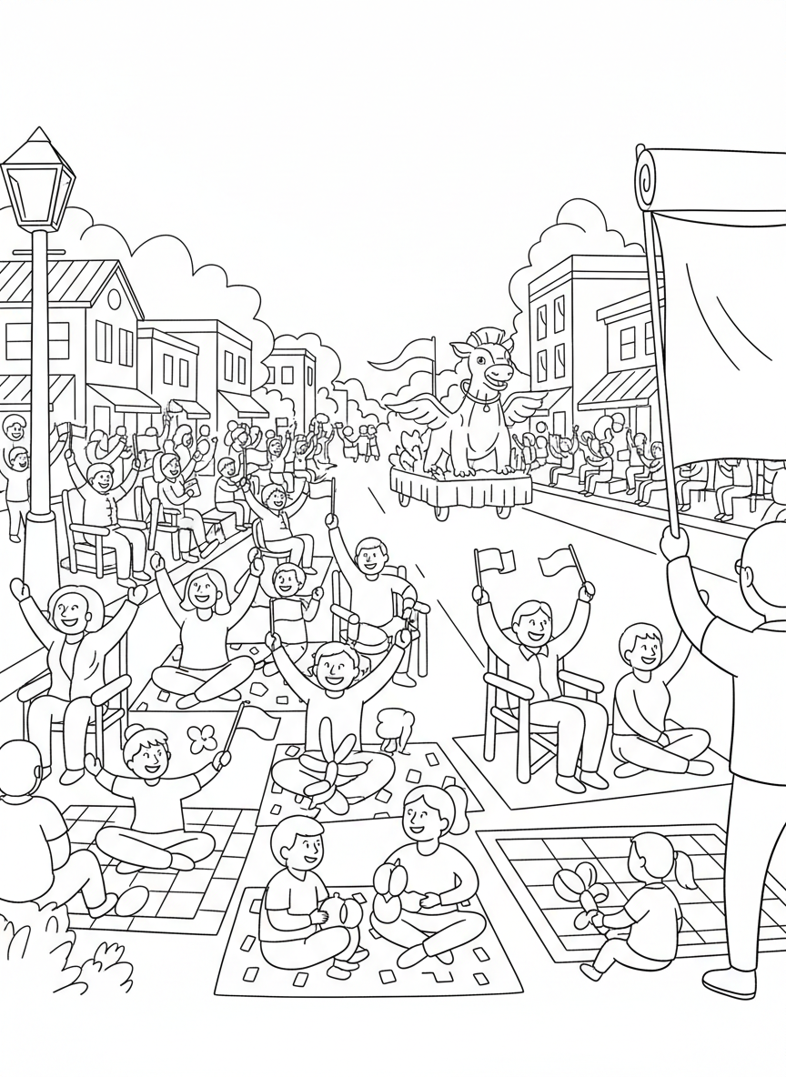 A parade scene showing spectators sitting on blankets and lawn chairs along the street, waving small flags and enjoying the festivities.