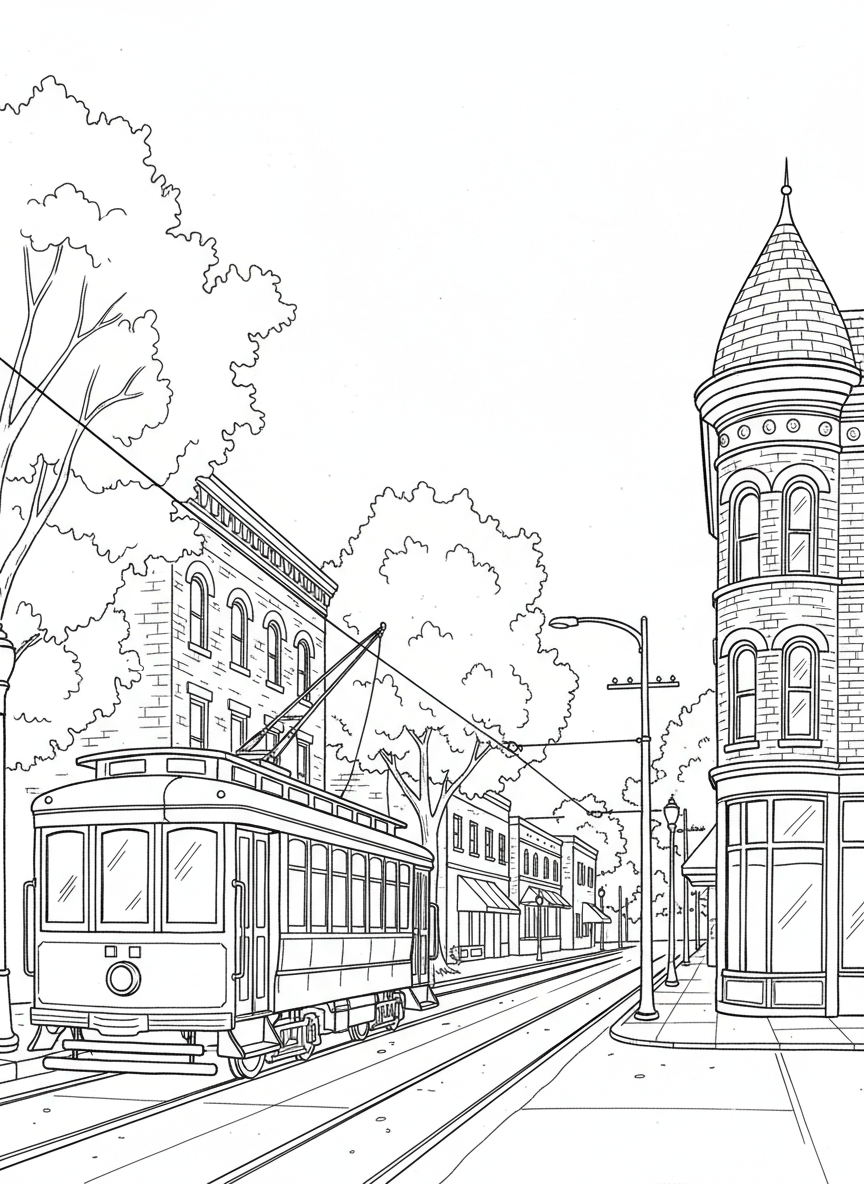 A vintage trolley car traveling through downtown San Jose with buildings and trees, simple transportation scene