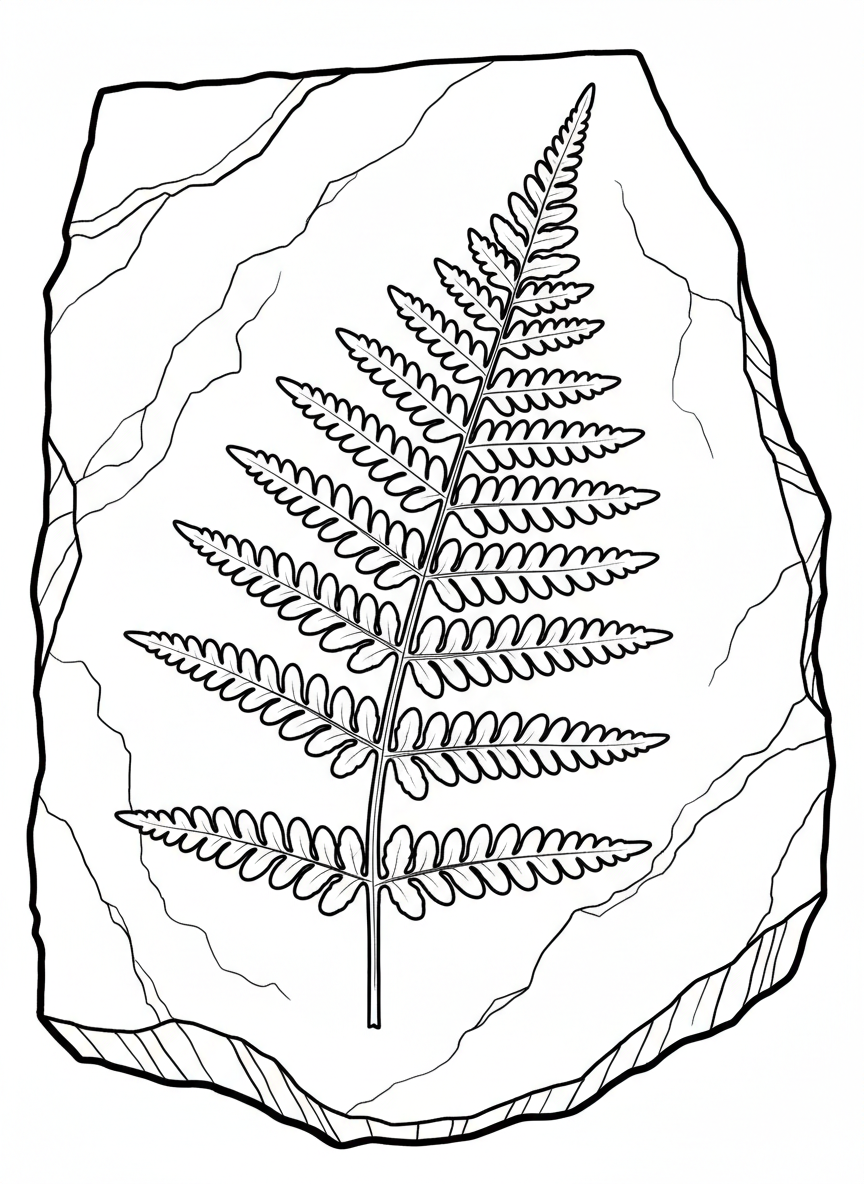 An ancient fern leaf fossil showing detailed fronds and stems pressed into shale rock