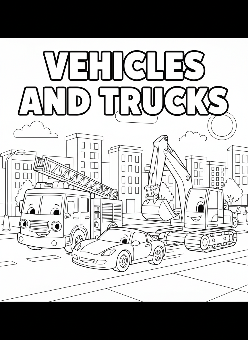 Vehicles and trucks coloring book cover, full-color illustration with a smiling fire truck, race car, and digger on a city street. Title-safe area at top.