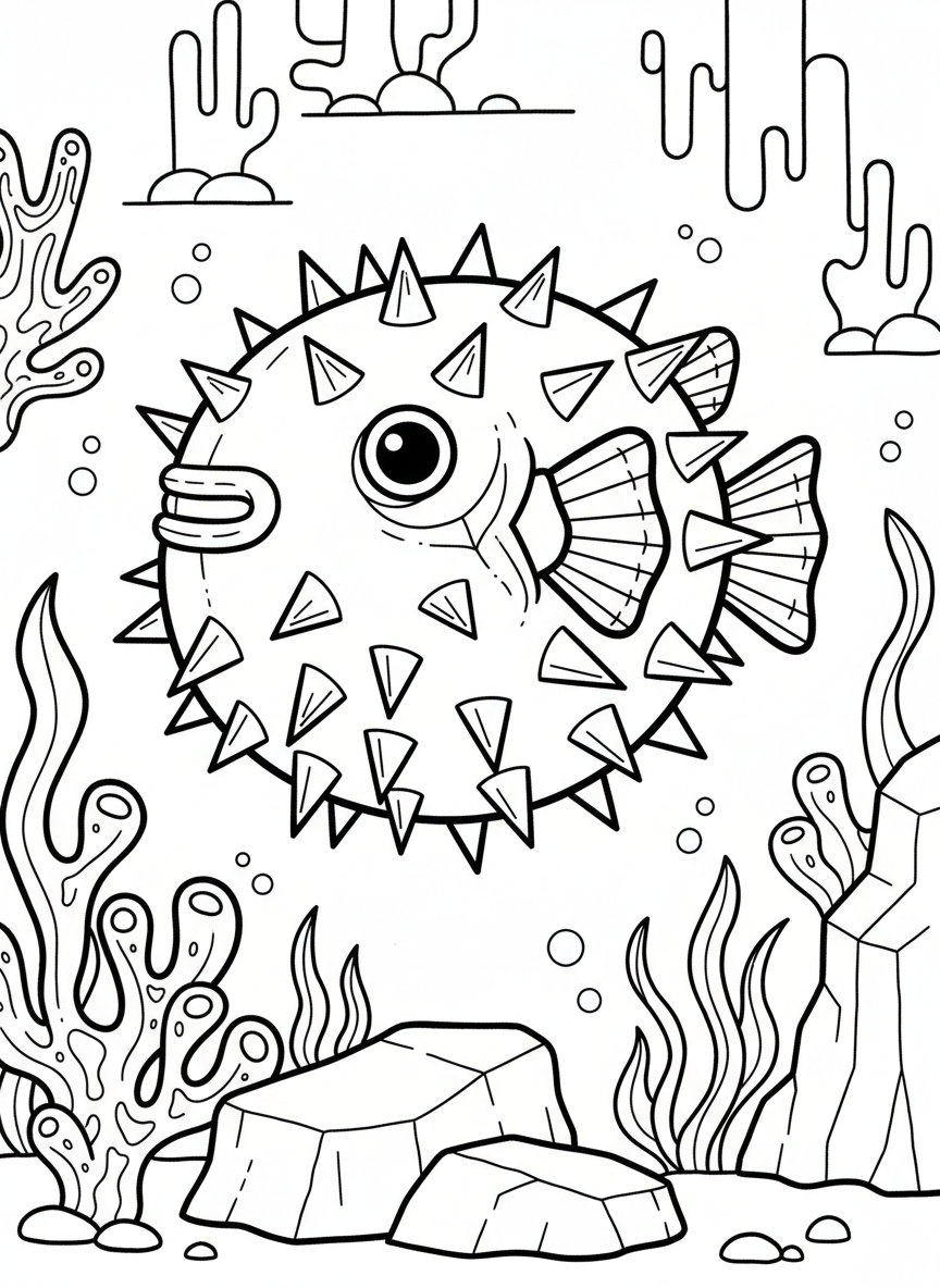 A cute origami pufferfish with spiky triangular folds all around, round body with geometric spike patterns
