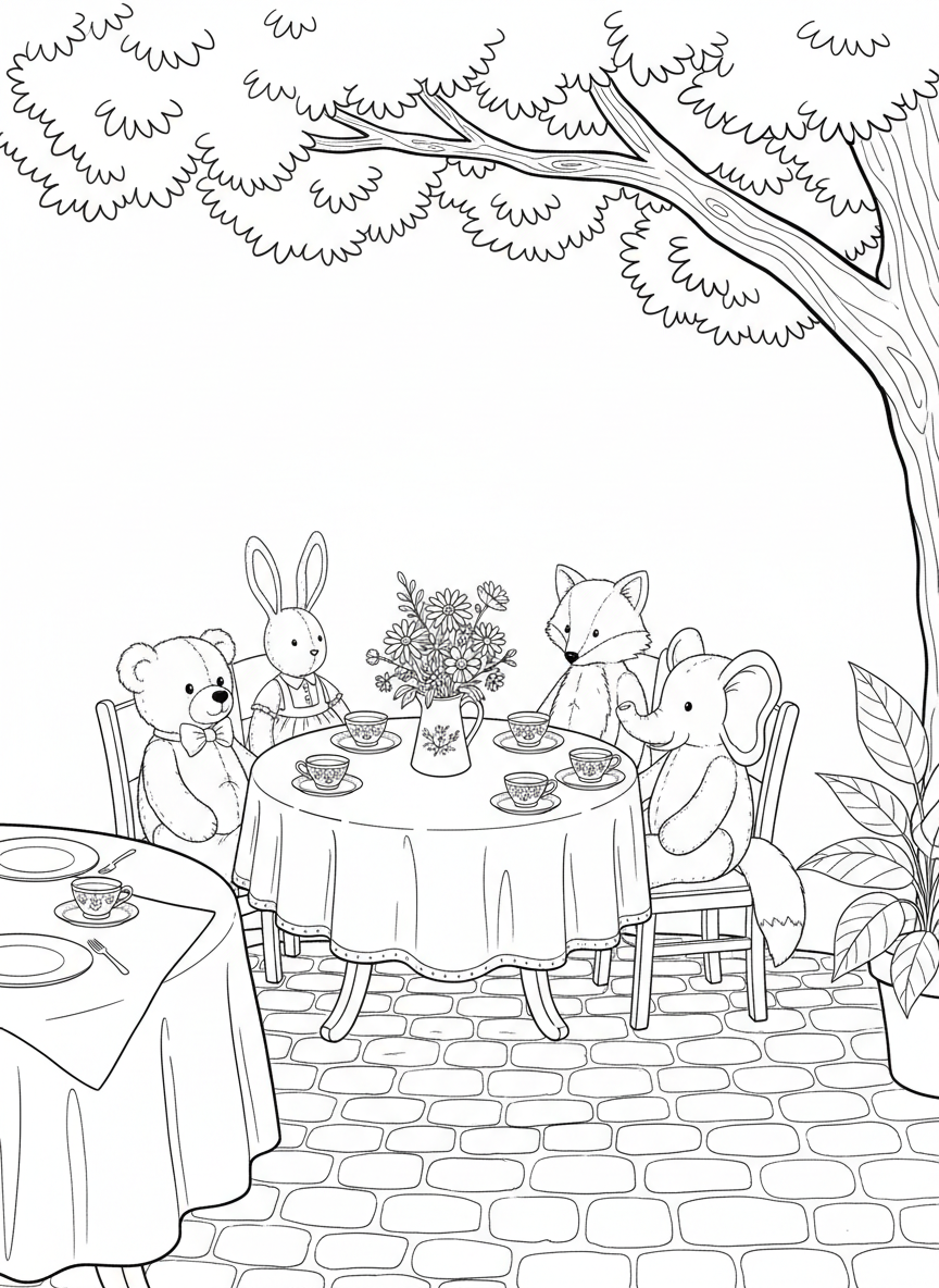 Four stuffed animals seated around a table set with plates, teacups, and a centerpiece of flowers, tea party gathering
