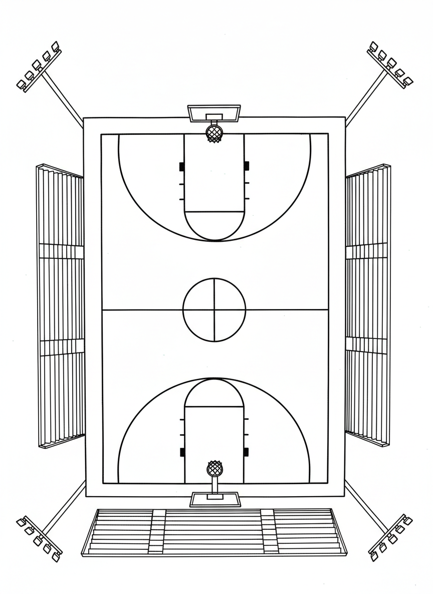 The basketball court from above showing the center circle, three-point lines, and both hoops, bird's eye view layout.