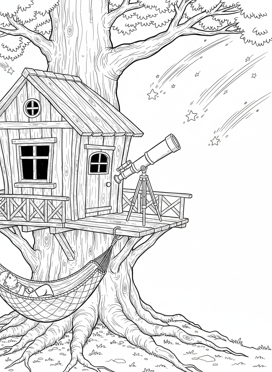 A treehouse with a hammock and telescope, where a child can relax and watch meteor showers streak across the night sky.