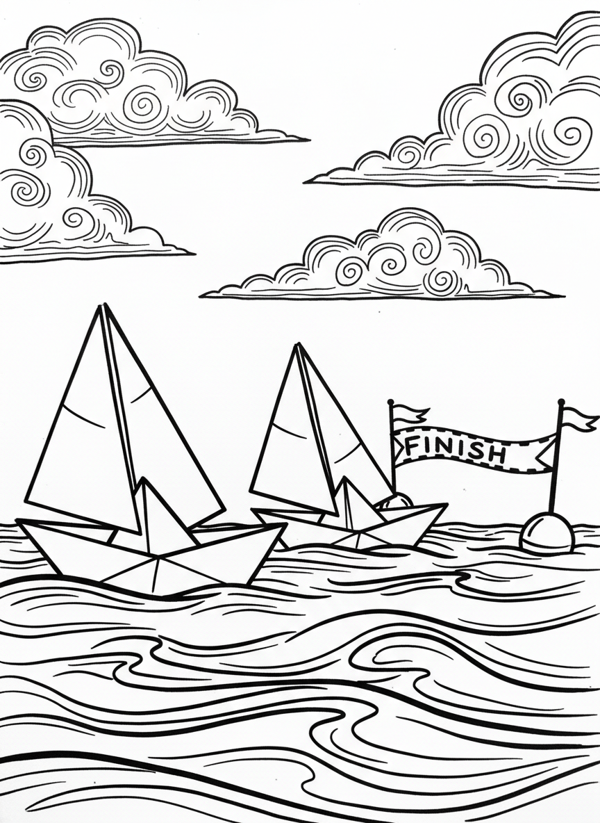 Two origami sailboats racing side by side, their triangular sails catching wind, with a finish line buoy and clouds in the sky.