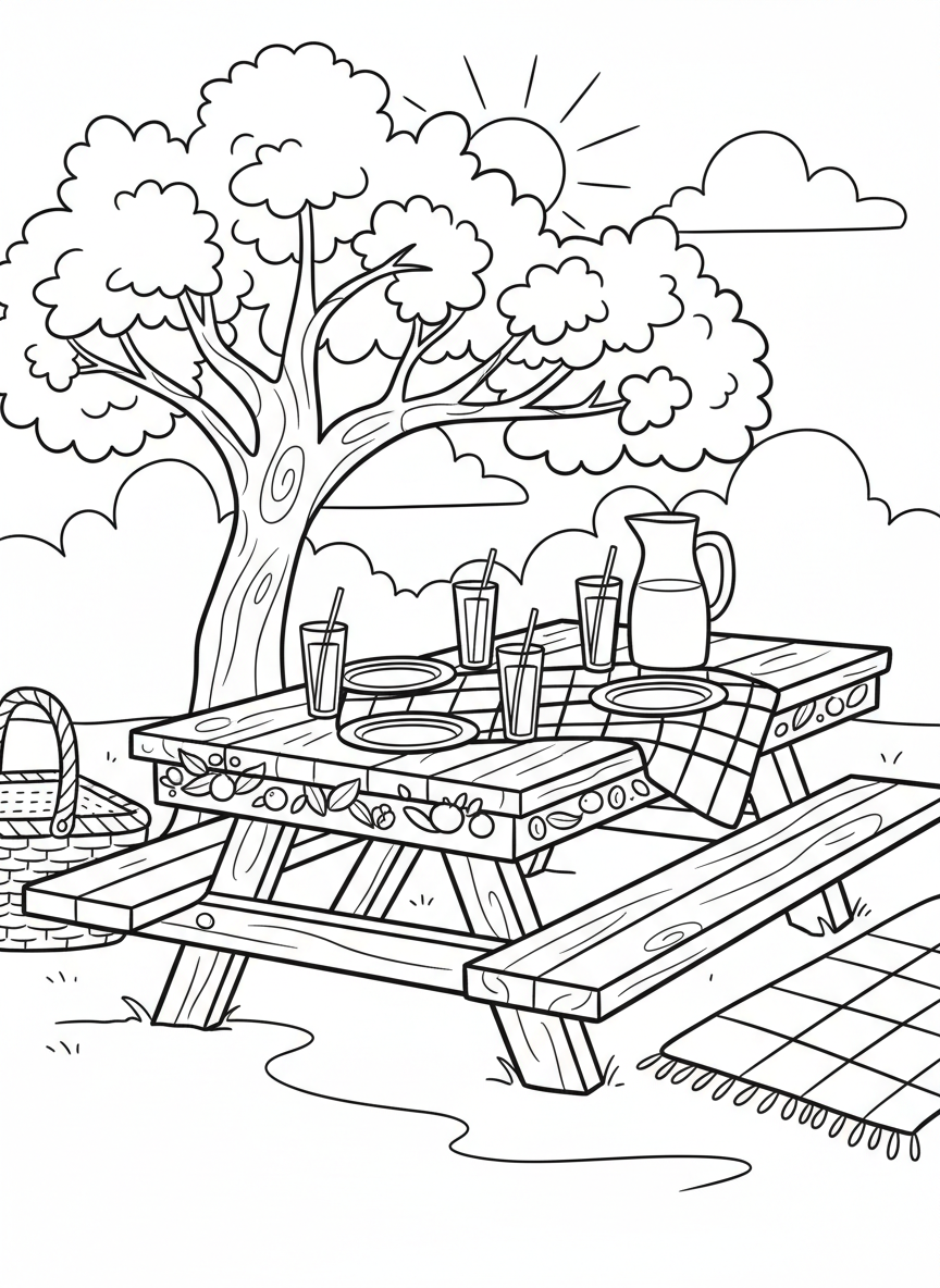 Labor Day Picnic coloring page prompts celebrating late-summer gatherings, relaxation, and seasonal transition.	A picnic table decorated simply, plates and drinks arranged neatly.