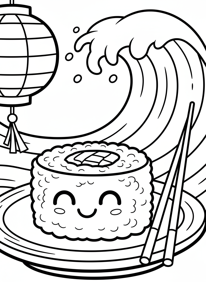 A smiling sushi roll with a cute face, sitting on a plate with chopsticks beside it, simple line art for young children