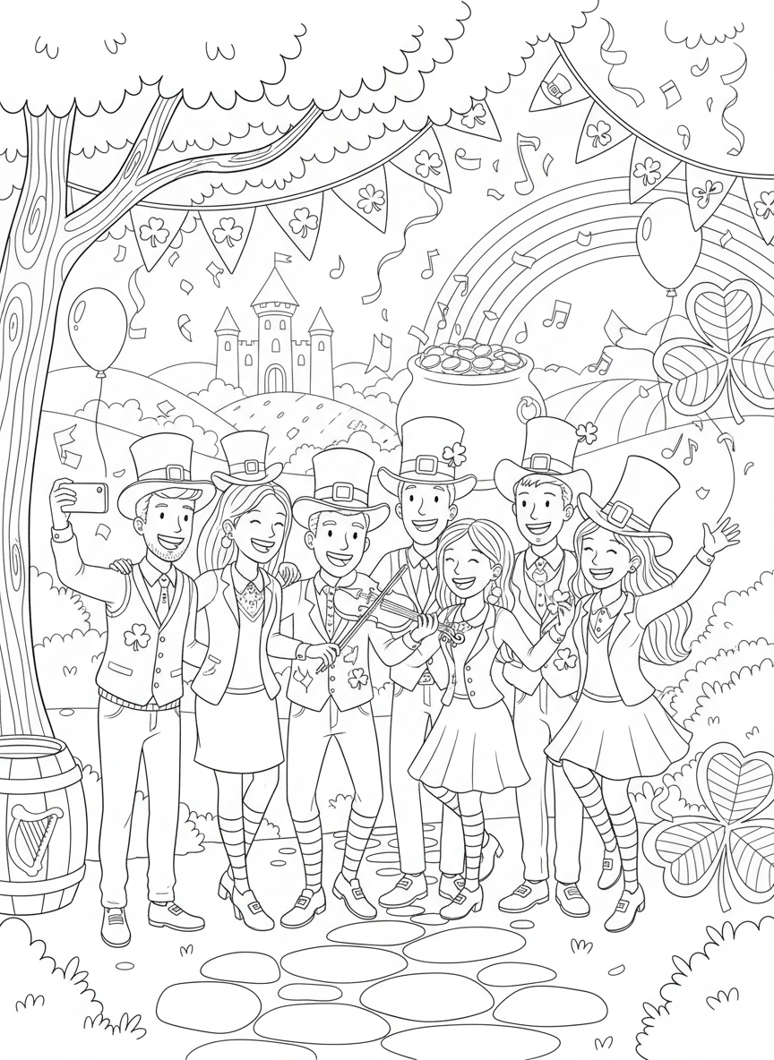 Saint Patricks Day coloring page prompts celebrating Irish-inspired traditions, green decorations, music, and festive community energy.	Friends posing together for a photo, laughter frozen in time amid green banners and cheerful decorations.