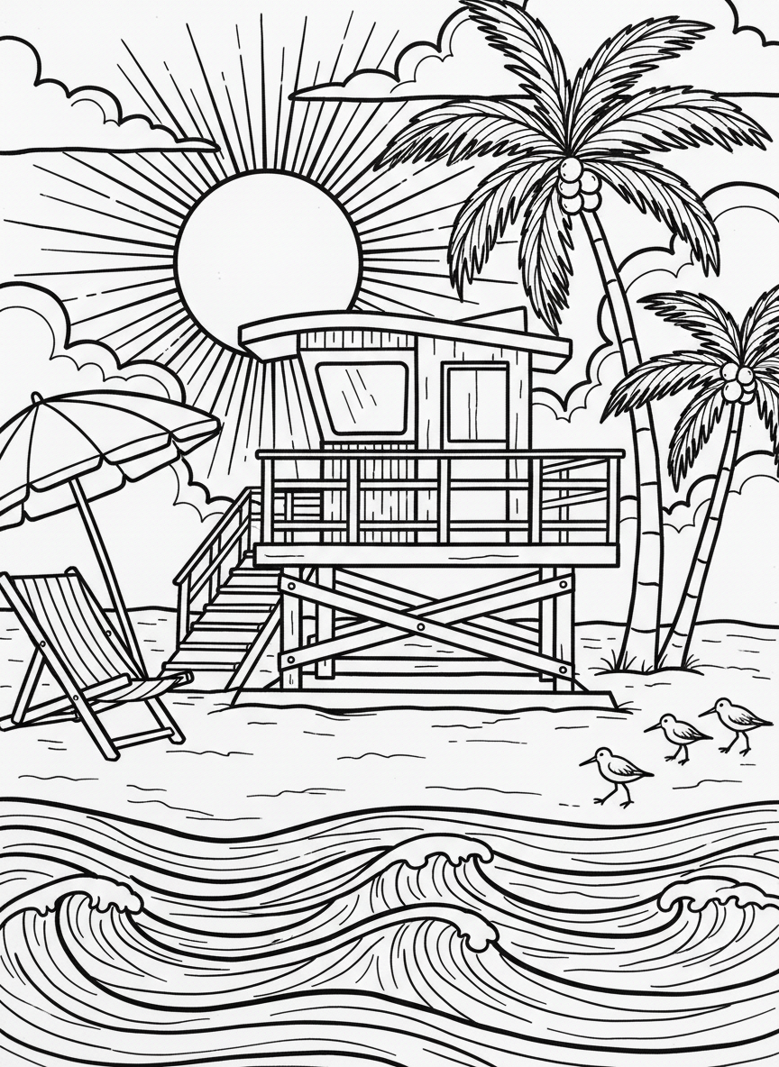 A sunset scene at the beach with a lifeguard tower, beach chairs, and sandpipers walking along the shoreline