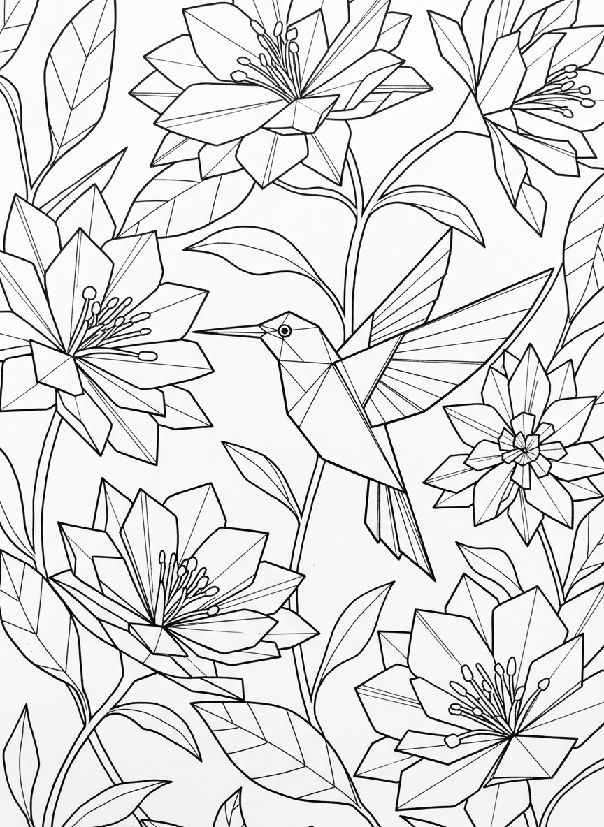An origami hummingbird hovering near large flowers, with pointed beak extended toward blooms and delicate folded wings in motion.
